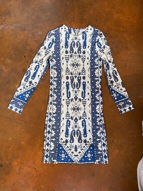 Tory Burch White and Blue Printed Long-Sleeve Shift Dress